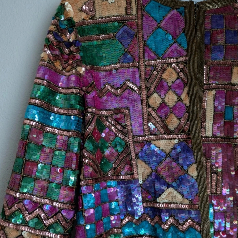 1980's Vintage Sequin Silk Jacket Multi-Color Out… - image 2